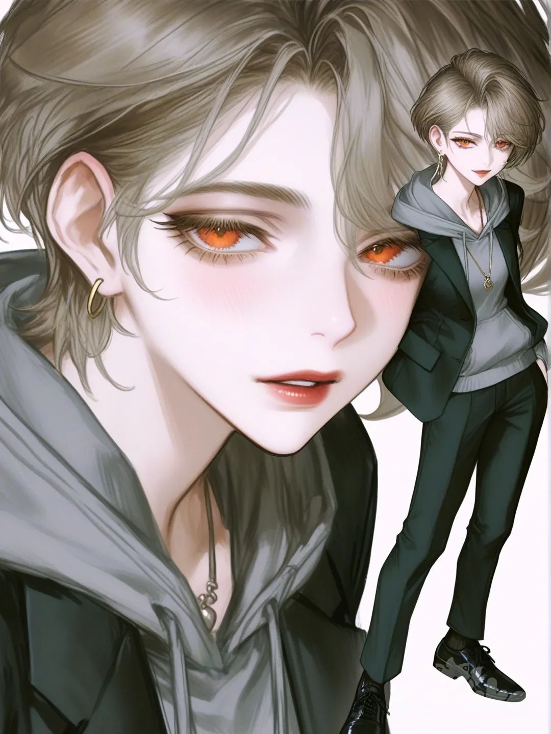 [semi-realistic-portrait-style] 1girl, mature, slim, shaped_haircut, light_brown_hair, orange_eyes, fair_skin, moss_gray_hoodie, suit_pants, earrings, necklace, single character, full body, looking at viewer, anime style, simple background, white background
