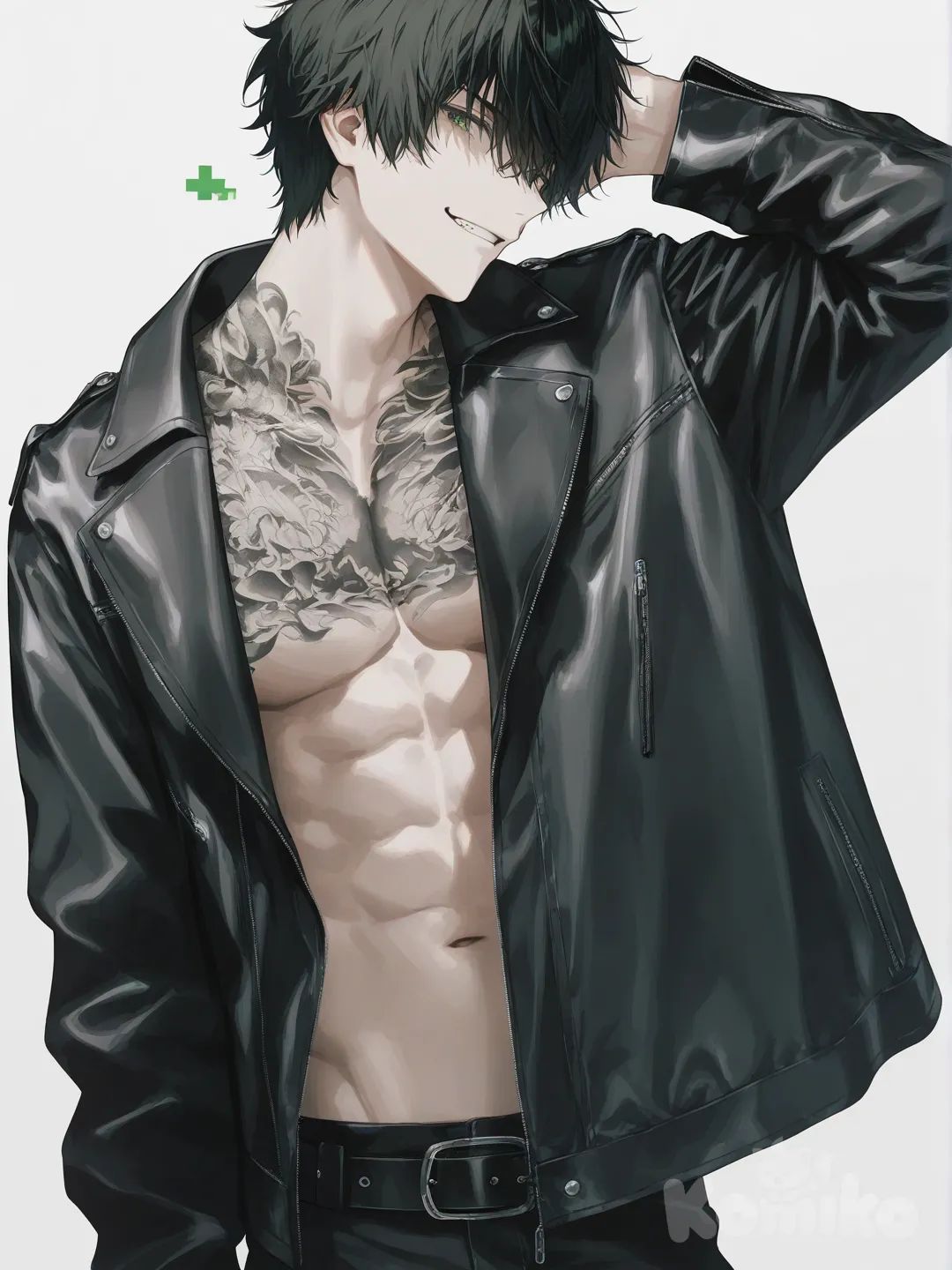 [soft-pastel-style] 1boy, tall, muscular, black_hair, messy_hair, green_eyes, sharp_jawline, smirk, leather_jacket, confident_pose, tattoo, single_character, full_body, looking_at_viewer, anime_style, simple_background, white_background