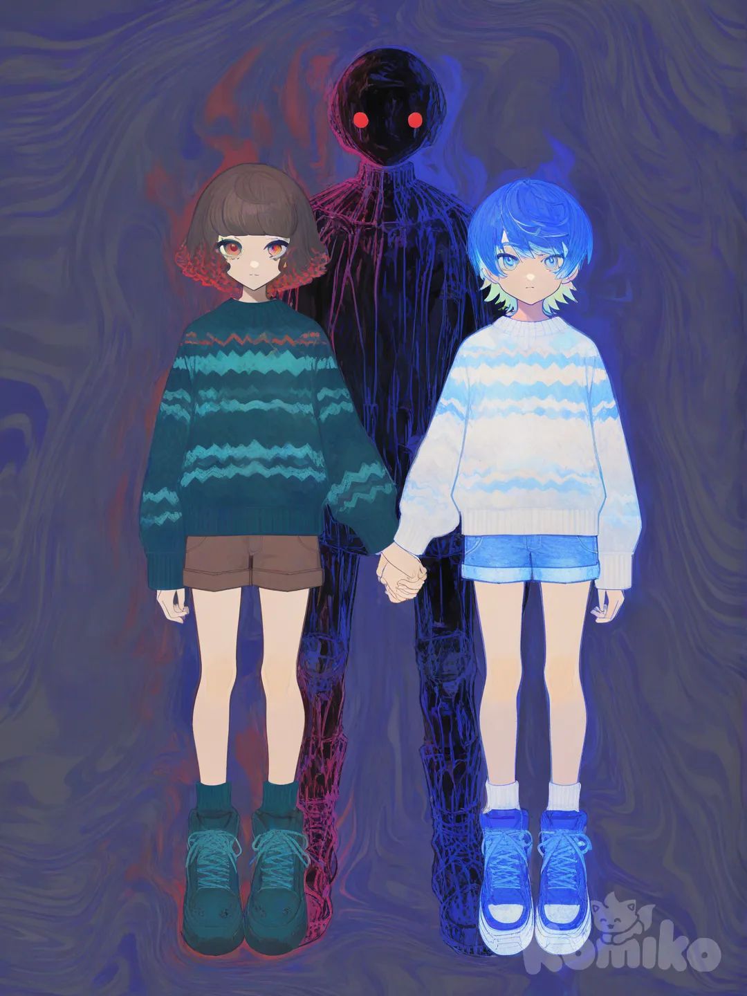 2 boys, [watercolor-illustration-style], holding hands. 1boy: short brown hair, green bangs, red eyes, green sweater, brown shorts, black ugg boots. 2boy: blue hair, blue eyes, white sweater with blue stripes, denim shorts, blue sneakers.