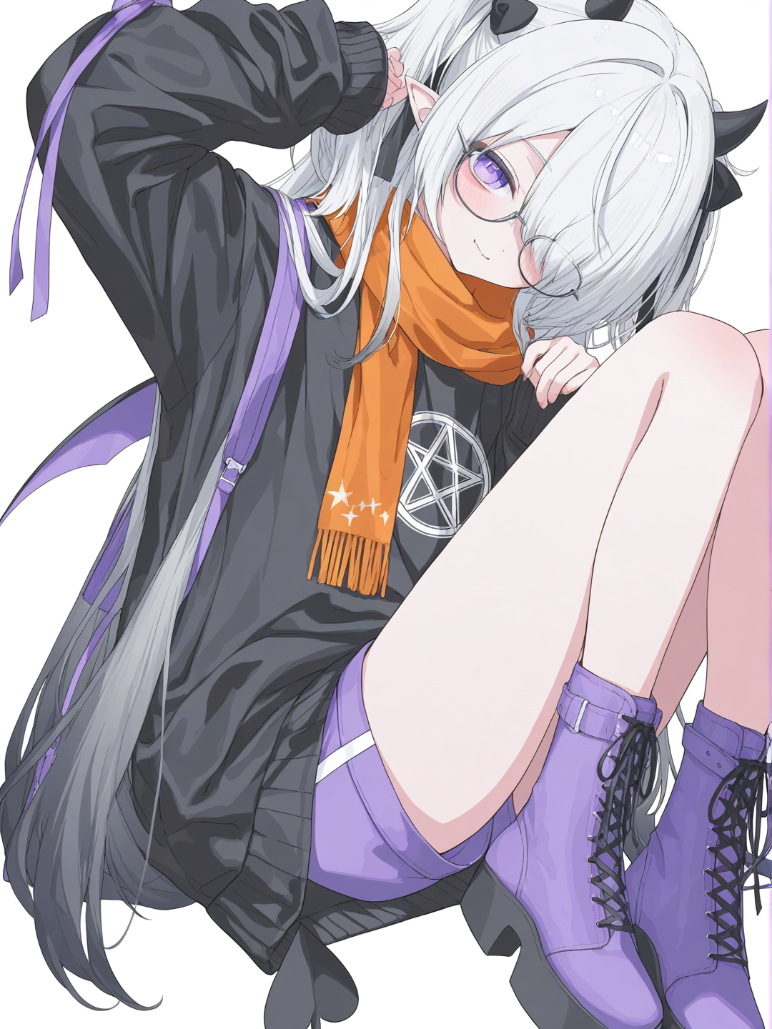 [soft-pastel-style] 1girl, solo, pastel_colors, teenager, petite, black_hair, long_hair, hair_over_one_eye, white_hair_streak, purple_eyes, fair_skin, black_sweater, pentagram_print, purple_shorts, purple_boots, glasses, pointy_ears, orange_scarf, single character, full body, looking at viewer, anime style, simple background, white background