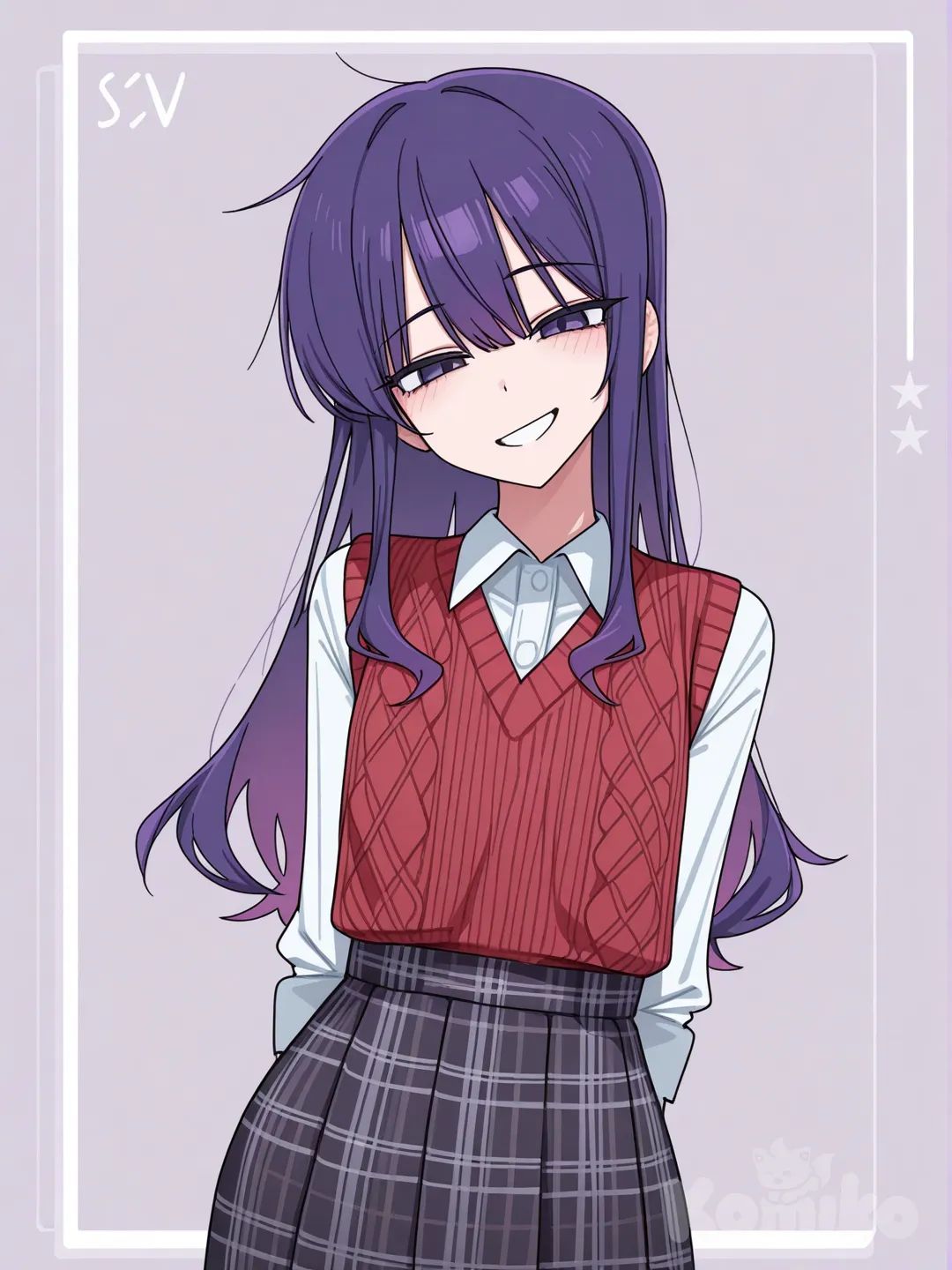 1girl, [toon-shaded-style], head tilt, smile, pants, knitted vest, plaid skirt, purple hair, long hair