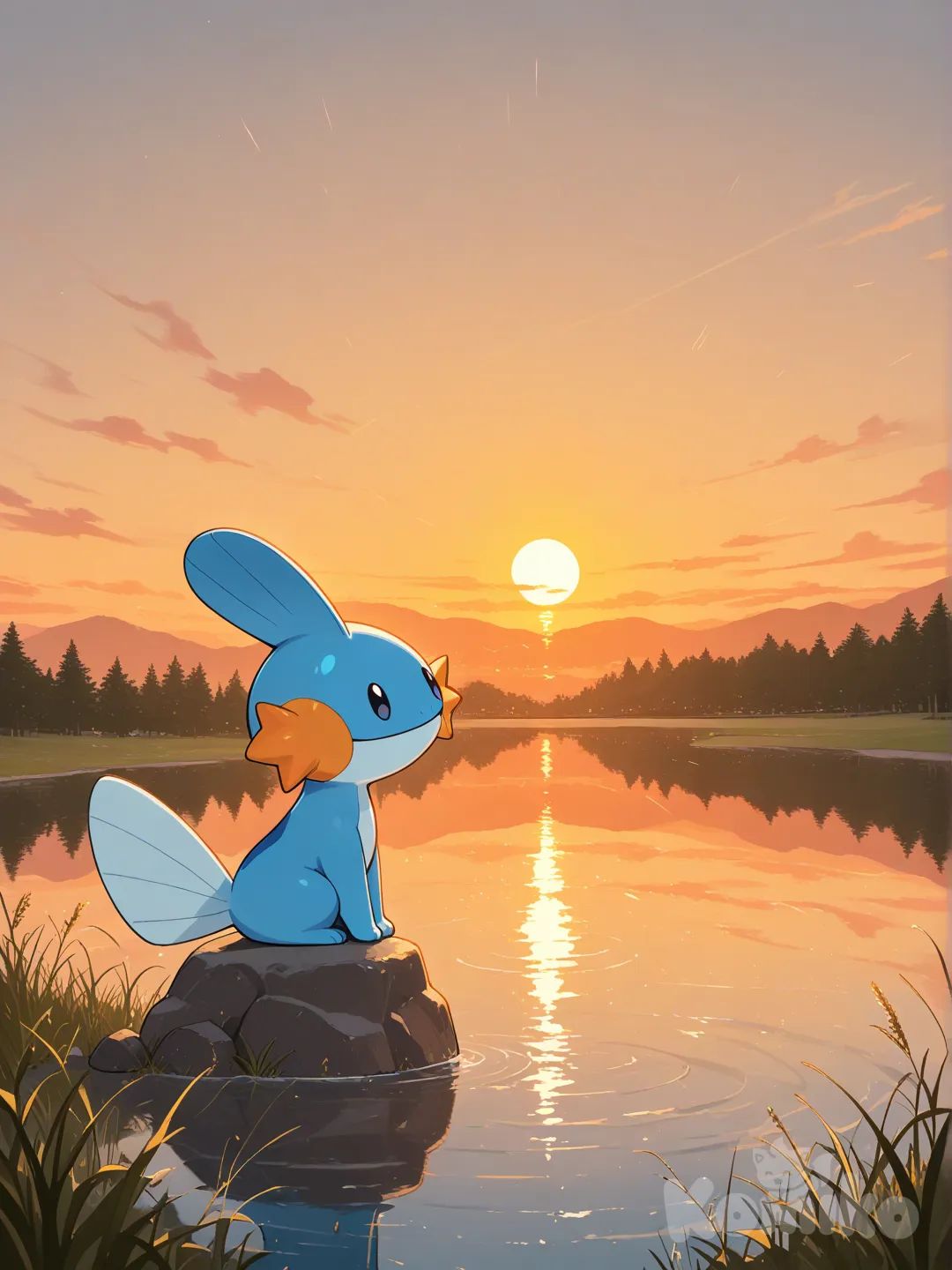 mudkip, sentado observando un lago, amanecer