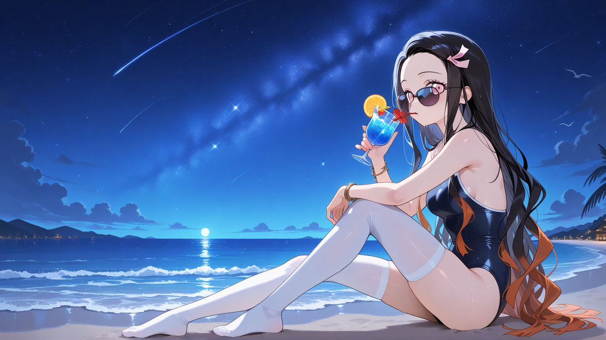 kamado nezuko en la playa de noche