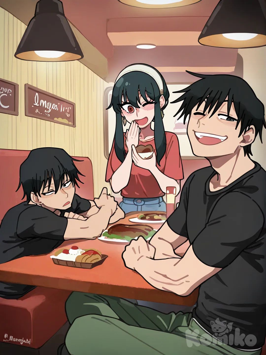 1boy, 1girl, 2people, @Fushiguro_Touji, @Yor_Briar, [clean-lines-style], one eye closed, t-shirt, restaurant