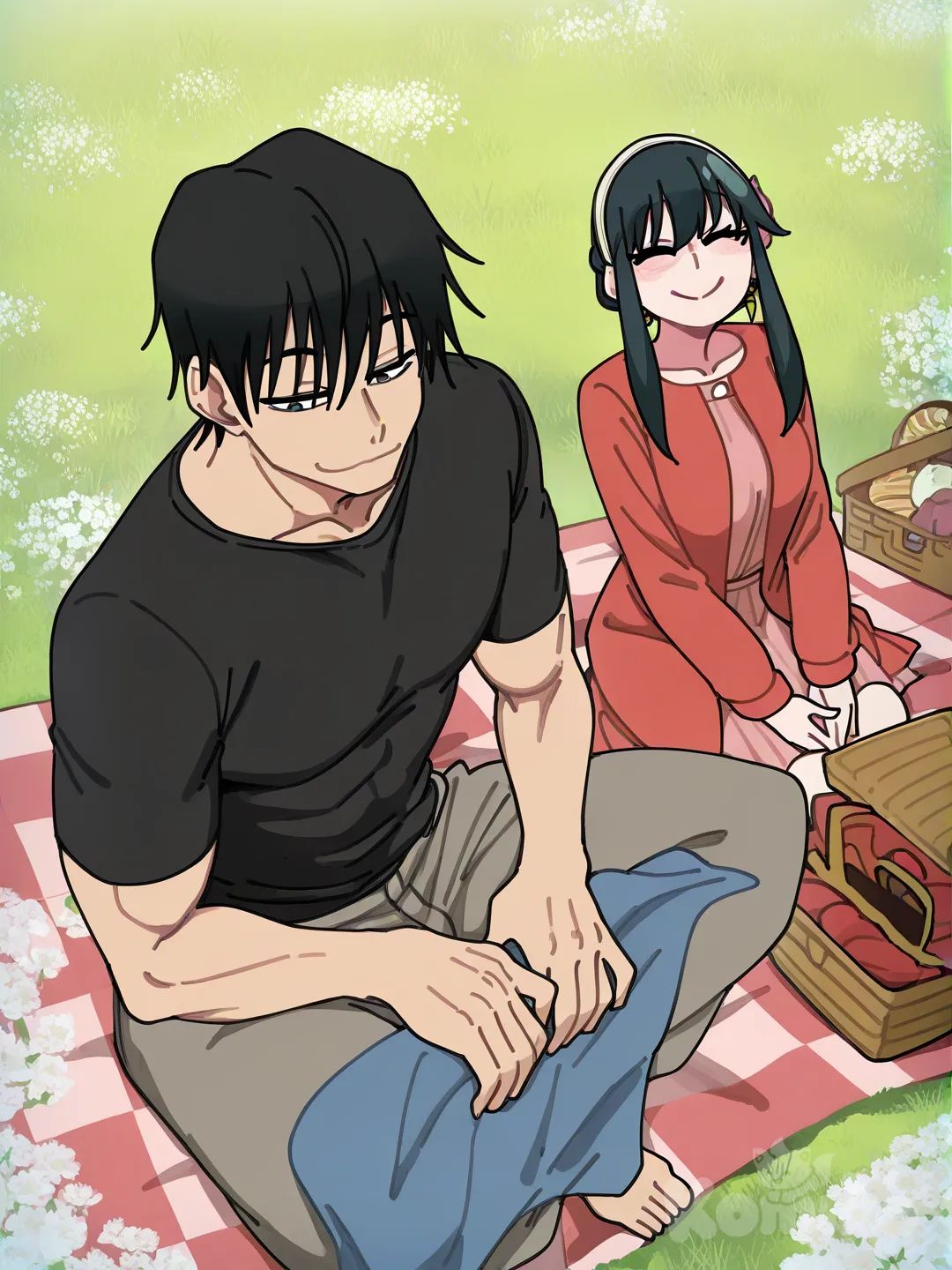 1boy, 1girl, 2people, @Fushiguro_Touji, @Yor_Briar, [clean-lines-style], picnic, smile, t-shirt, flower field