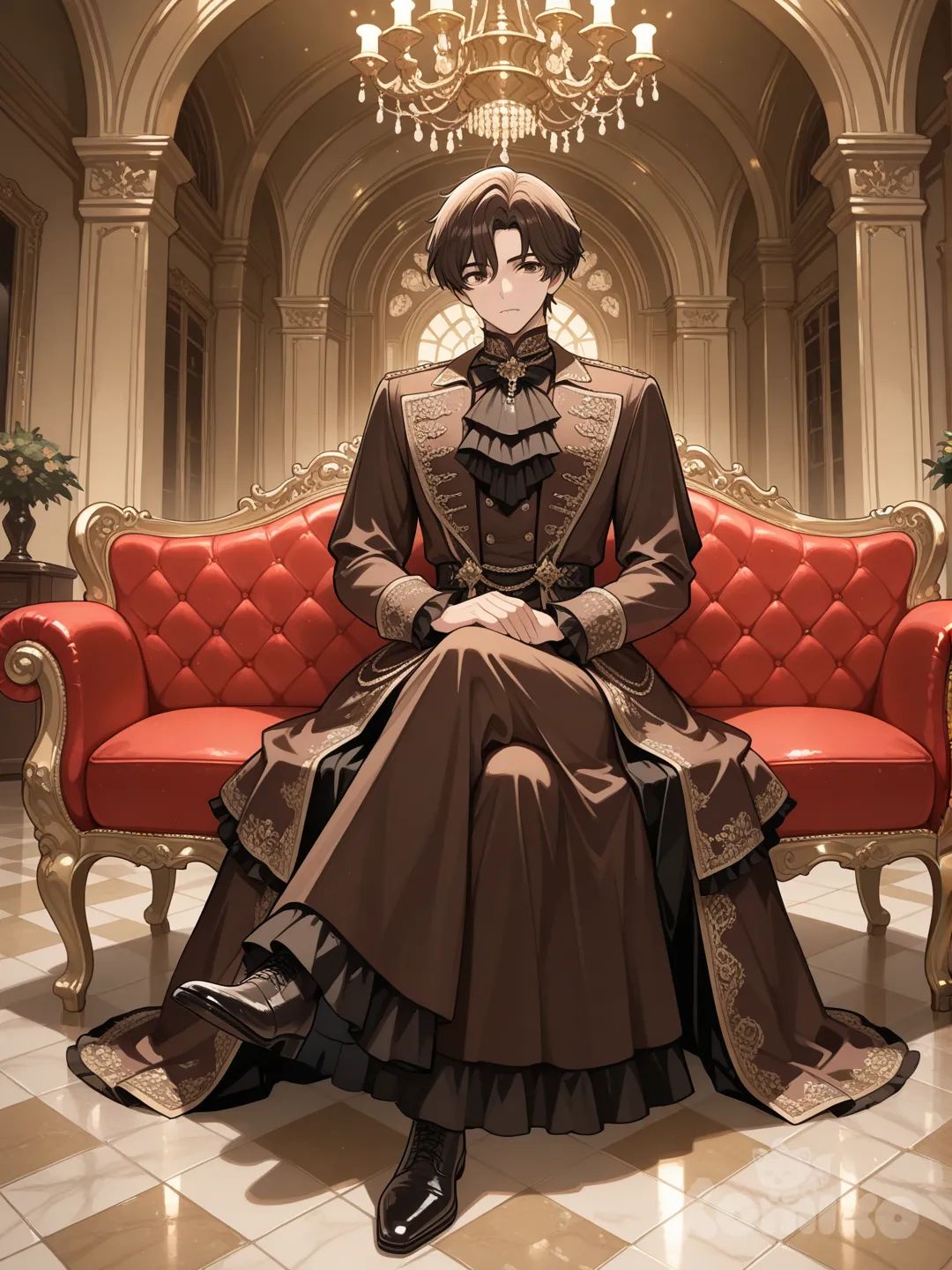 A man with dark brown hair, brown eyes, wearing a brown aristocratic dress, sitting on a luxurious sofa in a luxurious hall. Handsome man.