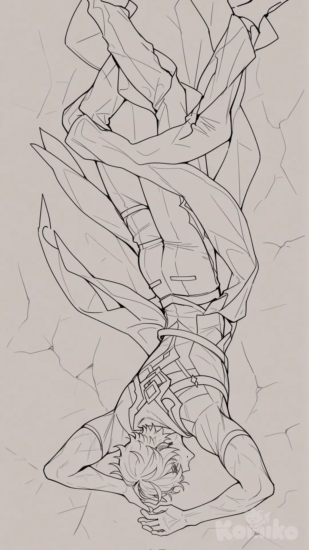 Tartaglia_(Genshin_Impact)athletic build,prone position, face down,
collapsed on the ground,
dramatic defeat pose,
body fully stretched,
head turned sideways,line art only, from above, side profile photo
