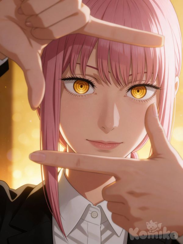 Anime-style close-up portrait of Makima from Chainsaw Man, featuring her straight pastel pink hair with blunt bangs and her iconic golden-yellow eyes with concentric ring pupils. She gazes intensely at the viewer with a calm, confident, slightly unsettling expression. Makima frames one eye using her hands, forming a rectangle with her fingers in front of her face. She wears her signature black suit jacket over a white button-up shirt, clean and professional. Warm golden backlighting with soft glowing bokeh particles, cinematic anime lighting, shallow depth of field, sharp linework, highly eyes, dramatic composition, psychological anime aesthetic, high-resolution illustration.