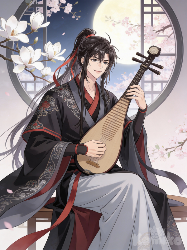 Handsome ancient Chinese male musician, long black hair tied in a high ponytail with red ribbon, loose strands framing his face, gentle confident smile, wearing elegant dark gray and black hanfu with red accents and wide flowing sleeves, layered robes and sash, seated while playing a traditional Chinese lute (pipa/ruan), refined scholarly aura, soft pastel background with magnolia blossoms and a circular moon window, spring atmosphere, delicate lighting, smooth anime-style lineart, highly illustration, soft shading, elegant composition, fantasy historical aesthetic, high resolution