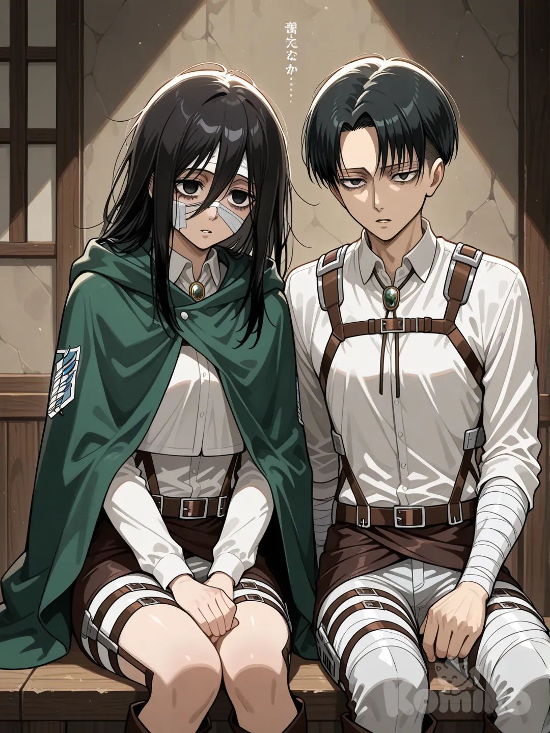 1girl, 2people, 1boy, 1girl, 2people, @Levi_(Shingeki_No_Kyojin) and a girl with same outfit as Levi with long black messy hair straight lifless/soulless black void eyes bandges on face and arms and legs