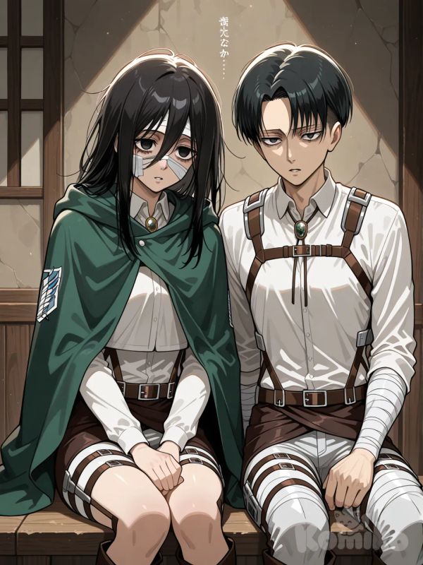 1girl, 2people, 1boy, 1girl, 2people, @Levi_(Shingeki_No_Kyojin) and a girl with same outfit as Levi with long black messy hair straight lifless/soulless black void eyes bandges on face and arms and legs