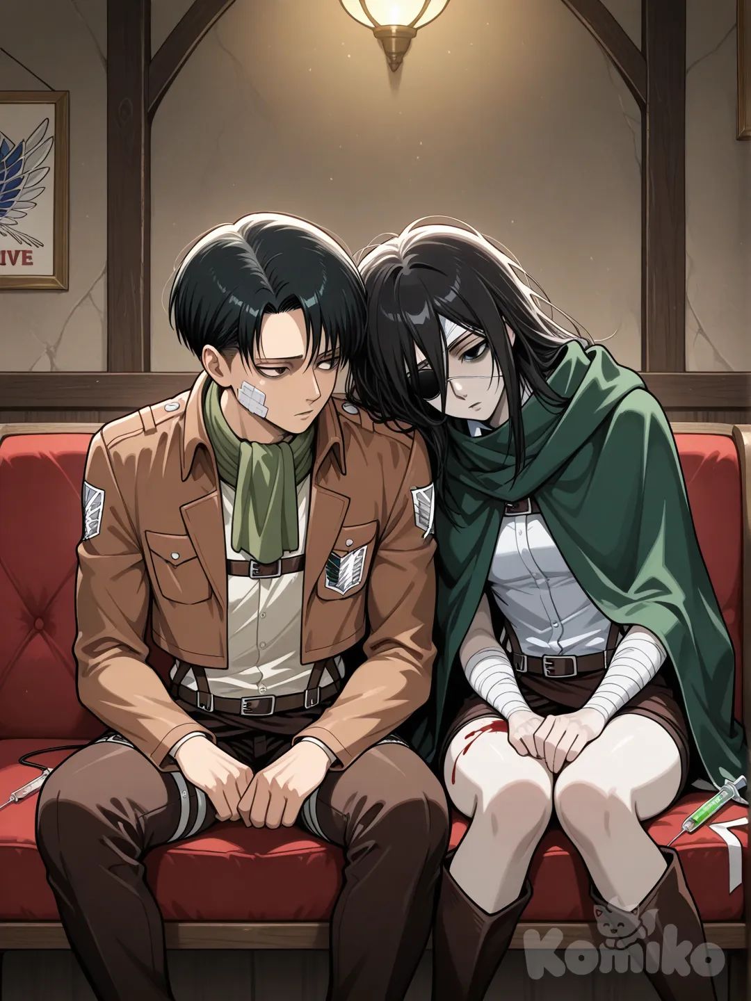 is a woman/teenager with long black messy hair an the same outfit as Levi akremen with bandeges on face both arms and both legs and has an eye patch of one eye that is white and has lifeless/soulless fully pure black eye the color part with still white on eye but no shine and has a tail with a serenge at end of tailf filled with blood and on all bandegs there's a little blood , 1boy, 1girl, 2people, @Levi_(Shingeki_No_Kyojin) is wearing Levi's jacket so he dosent have one and are sitting next to eachouther,and girl is leaning on him so I'm wearing his green cape/scarf and my apprence makes me look kinda dead but alivebecuase I'm just pail not full white and he has pants on and my shorts