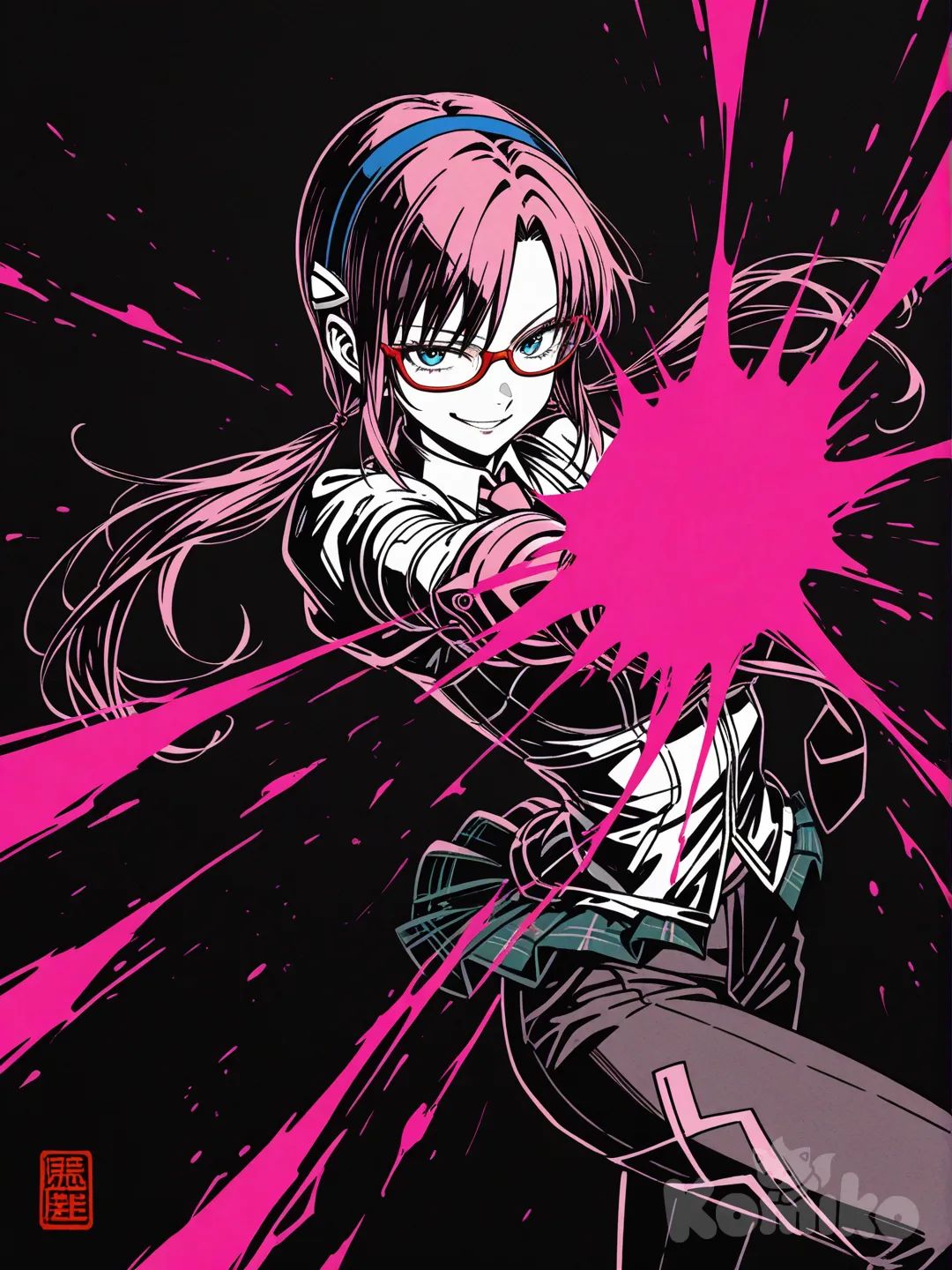 1girl, makinami_mari_illustrious, smirk, dynamic pose, dynamic angle, 
sumi-e, ink wash painting, dynamic brushwork, shodo style, expressive, high contrast, heavy texture, pink ink splatter, (pink accents), monochrome
