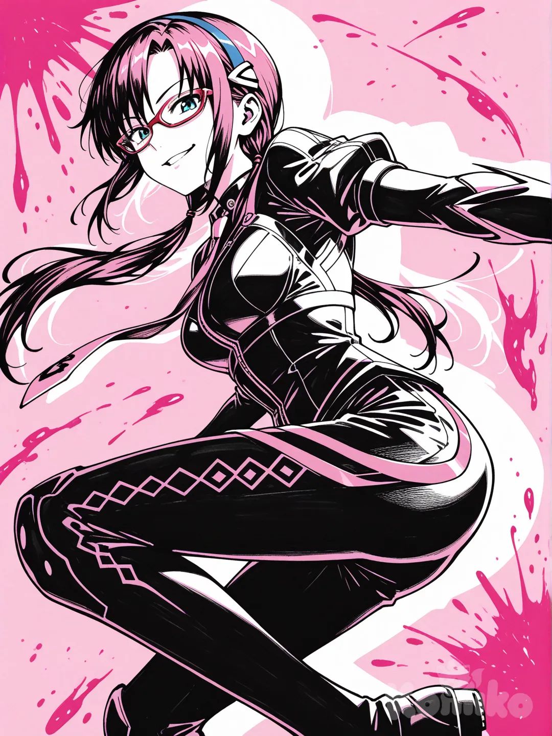 1girl, makinami_mari_illustrious, smirk, dynamic pose, dynamic angle, 
sumi-e, ink wash painting, dynamic brushwork, shodo style, expressive, high contrast, heavy texture, pink ink splatter, (pink accents), monochrome