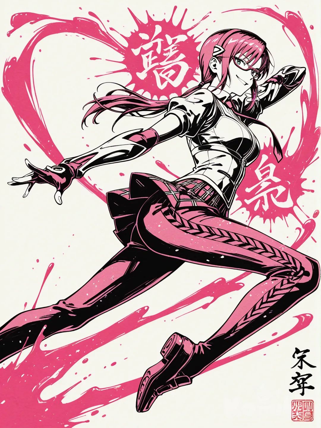 1girl, makinami_mari_illustrious, smirk, dynamic pose, dynamic angle, 
sumi-e, ink wash painting, dynamic brushwork, shodo style, expressive, high contrast, heavy texture, pink ink splatter, (pink accents), monochrome
