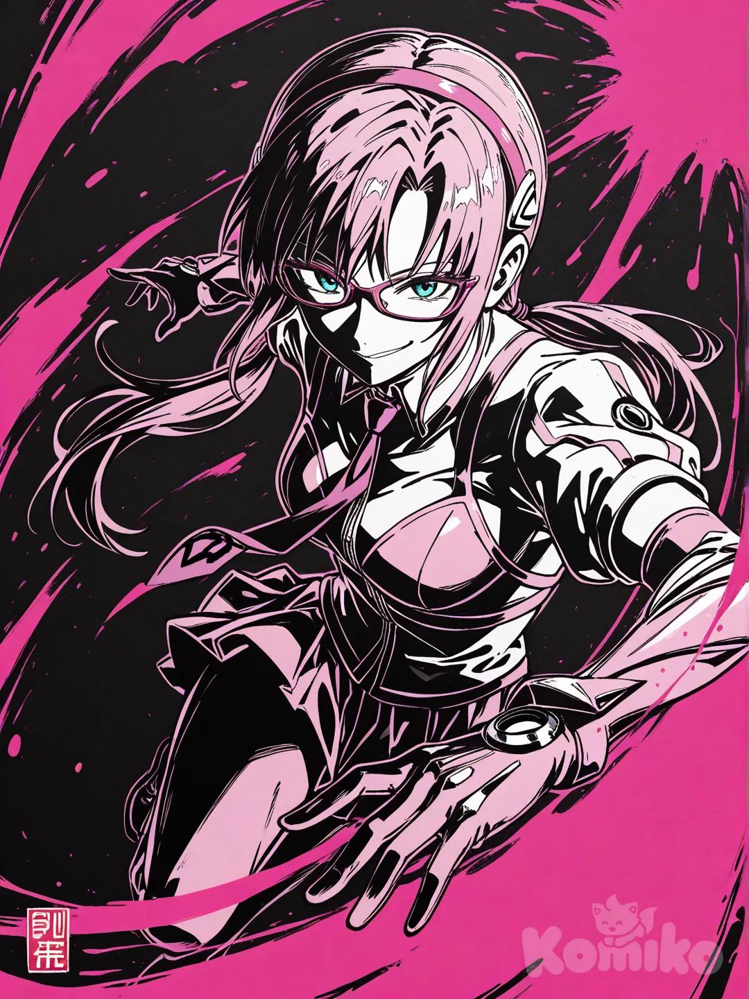 1girl, makinami_mari_illustrious, smirk, dynamic pose, dynamic angle, 
sumi-e, ink wash painting, dynamic brushwork, shodo style, expressive, high contrast, heavy texture, pink ink splatter, (pink accents), monochrome