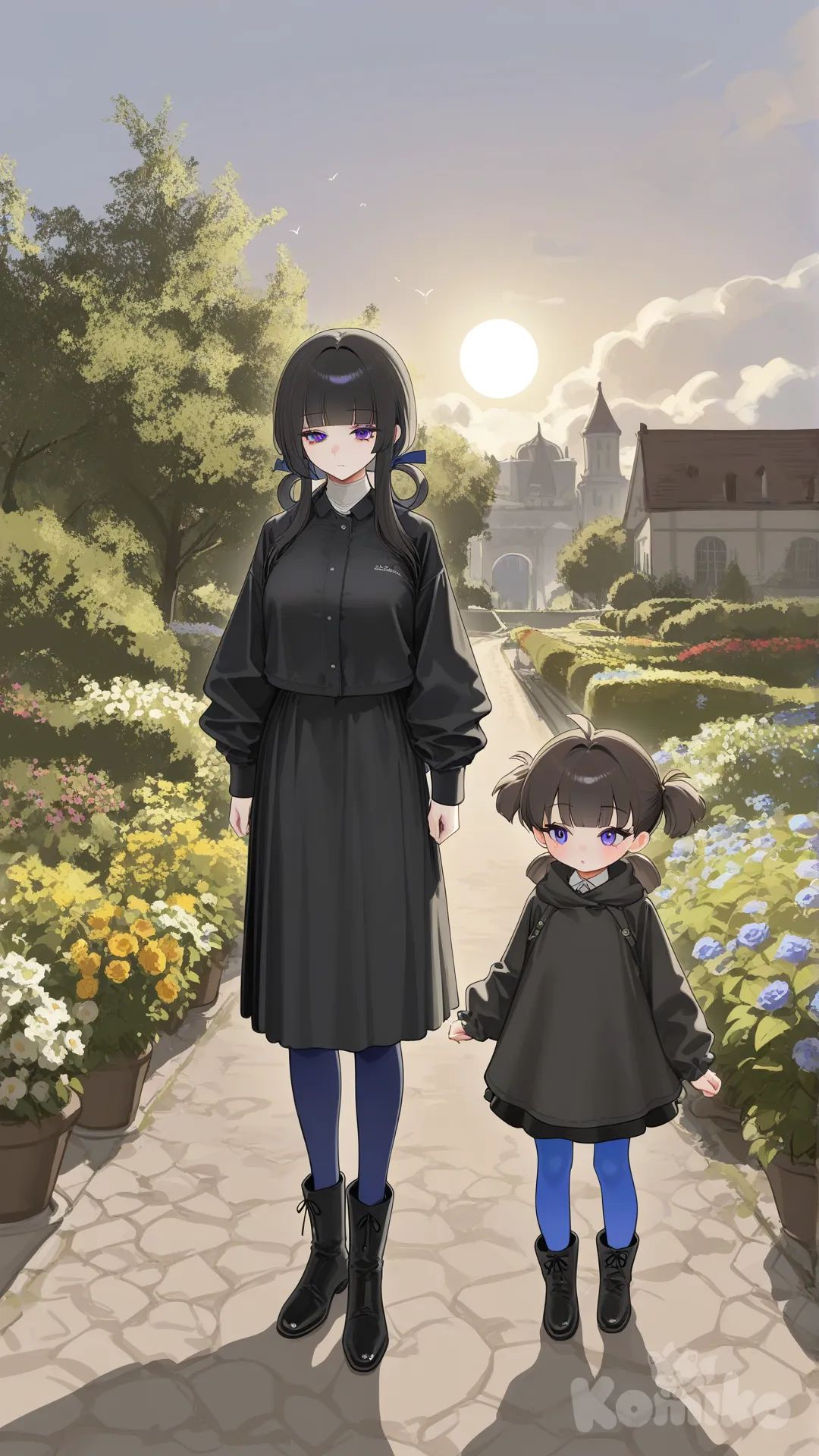 defAnne, hair rings, short twintails, blunt bangs, black jacket, black skirt, blue pantyhose, black boots, medieval background, outdoors, courtyard, garden, daytime, sunny, clouds, flowers, mature female