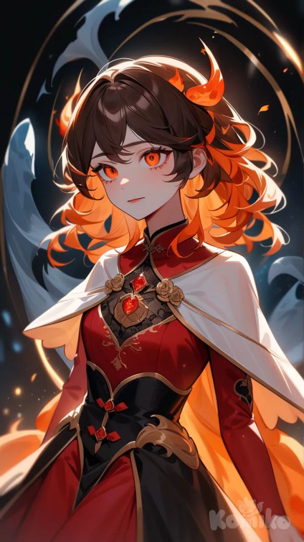 This proud magical girl's narrow eyes are the color of black coffee. Her neck-length, wavy, fine hair is the color of fine china, and is worn in an unusual style. She has a very feminine build. She has fire powers that are invoked by companion supernatural creatures. Her attractive, odd costume is mostly red and orange and it looks like its a frozen flame.

DND art style, medieval background, town, street, streetlights, night, fountain, stars in skies, moonlight, full body