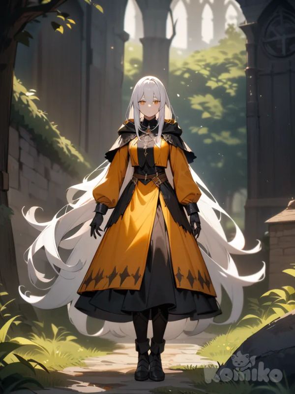 This contemplative magic knight's hooded eyes are the color of black coffee and his very long, straight, fine, white hair is worn in a severe style. She has a lithe build. She has light powers that are invoked instinctively. Her elegant uniform is mostly yellow and orange.

full body, medieval background, forest