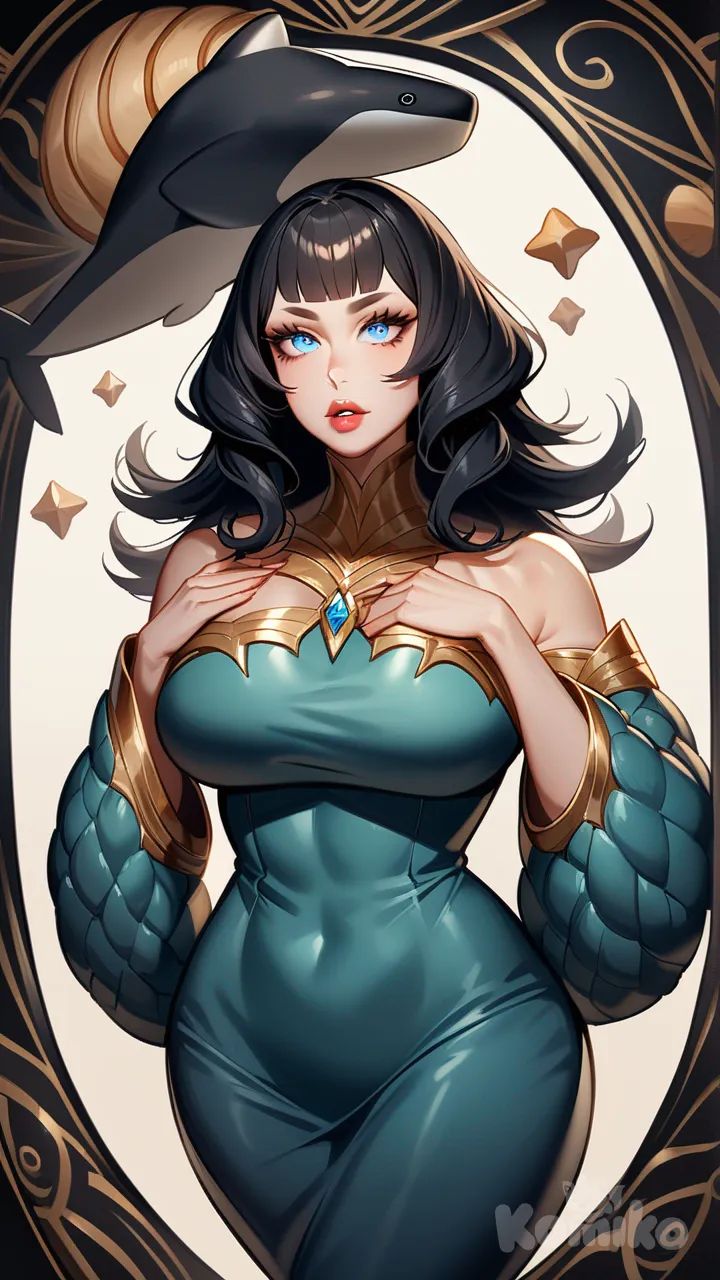 This woman puts you in mind of a playful kitten. She has almond-shaped sky-blue eyes. Her thick, straight, ebony hair is worn in a style that reminds you of a shark's fin. She is very tall and has a curvy build. Her skin is cream-colored. She has high cheekbones and full lips. Her wardrobe is severe and artistic, with a lot of brown.

fantasy background, day