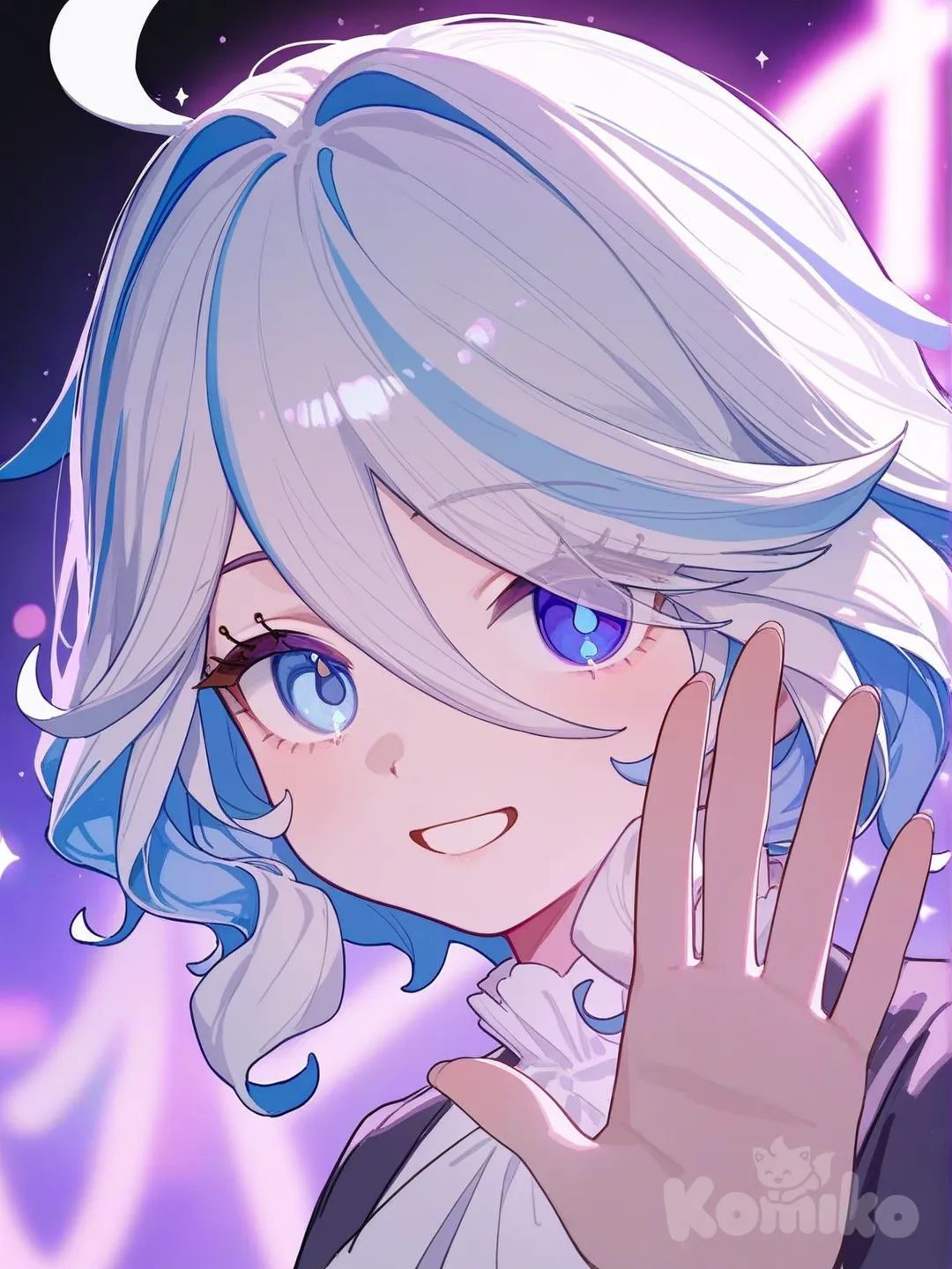 @Furina_(Genshin_Impact), [lacquered-illustration-style], waving, smile, portrait, upper body, looking at viewer, neon lights, cinematic lighting, sparkle