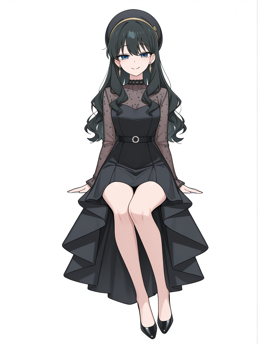 [toon-shaded-style] 1girl, spy_x_family, long_hair, wavy_hair, black_hair, blue_eyes, smile, black_dress, pearl_decoration, elegant, black_beret, sitting, single character, full body, looking at viewer, anime style, simple background, white background