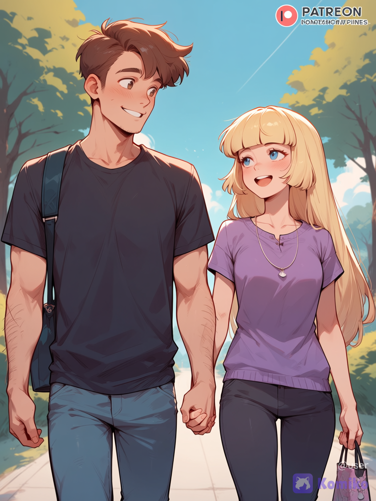 The grown-up Pacifica from Gravity Falls holds the grown-up Dipper by the hand and looks at him