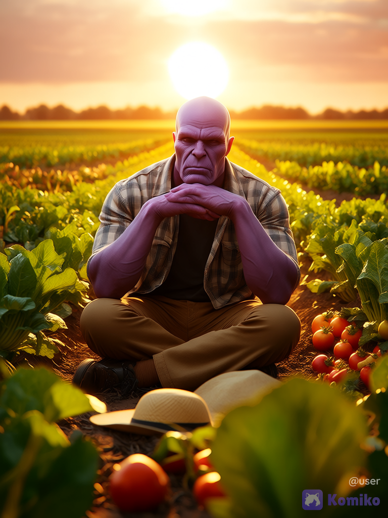 Marvel's Thanos sits in his vegetable garden and admires the double sun