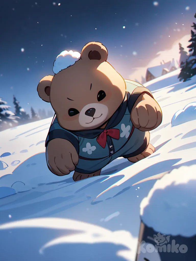 1boy with wonder at the snow, he found cute poor bear