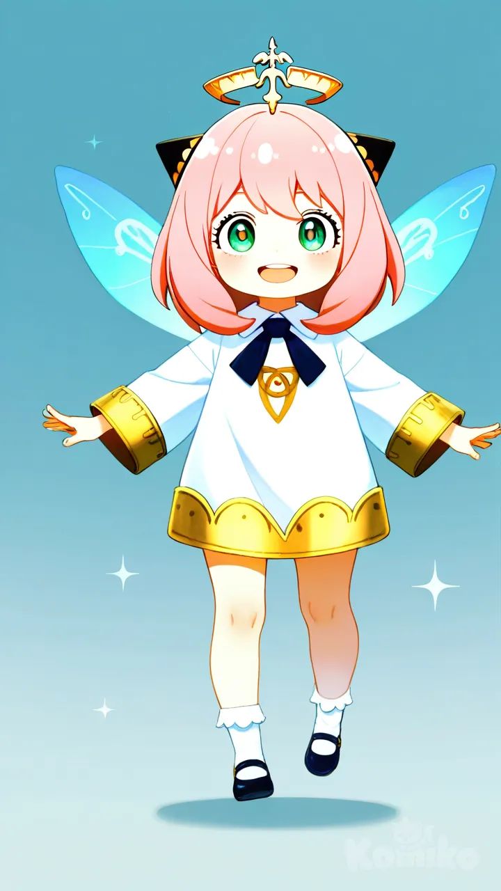 anya forger, spy x family, paimon, genshin impact, cosplay, pink hair, twintails, white clothing, fairy wings, floating, chibi, big eyes