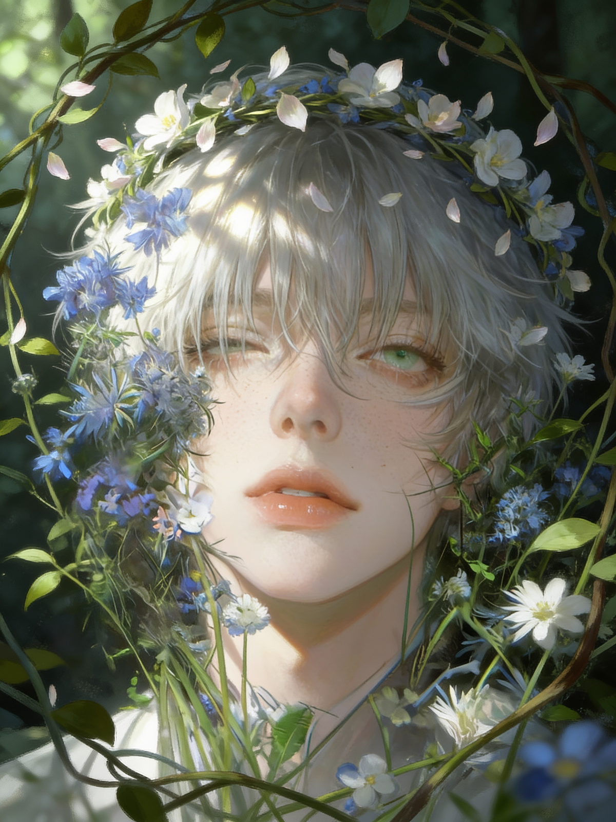Blue flowers, green eyes