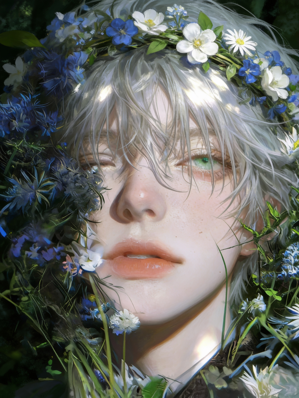 Blue flowers, green eyes