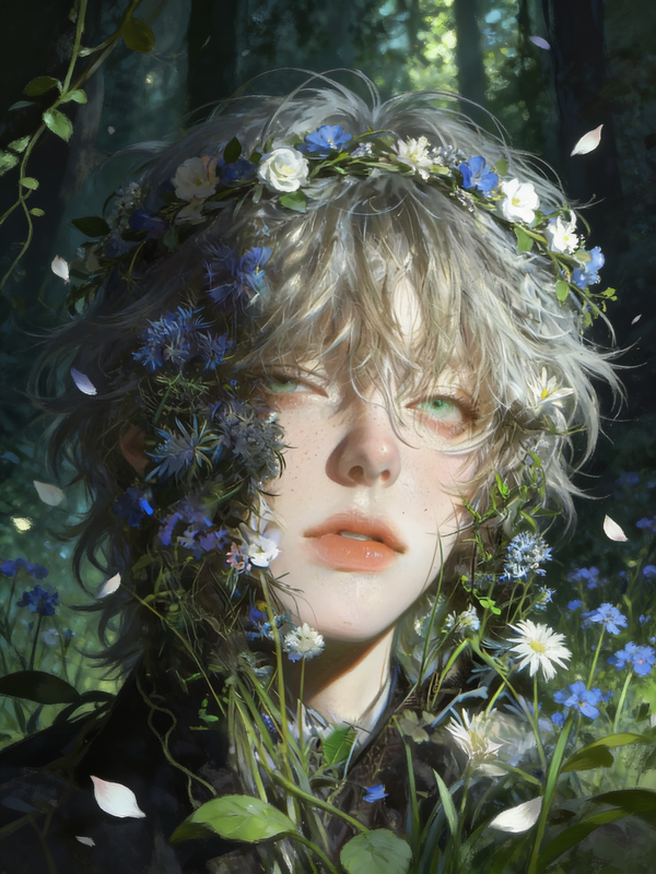 Blue flowers, green eyes