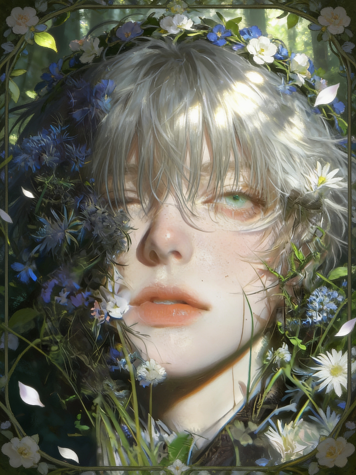 Blue flowers, green eyes