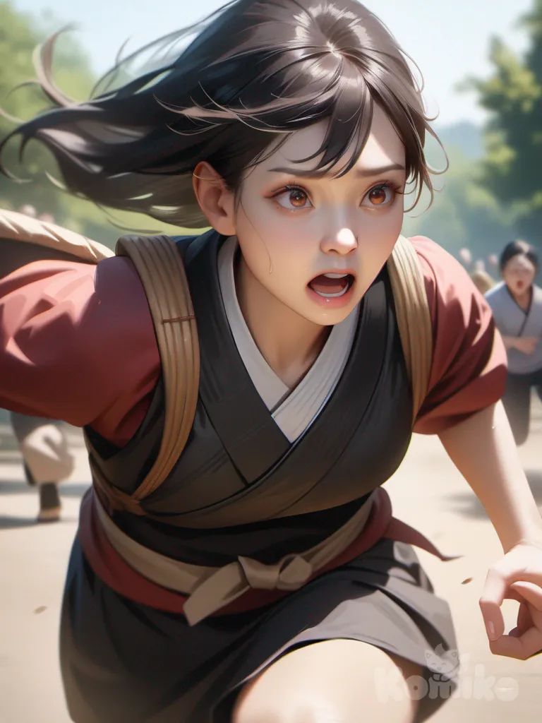 japanese young woman, brown eyes, black hair, beautiful face, scared looking, caught, realistic, running