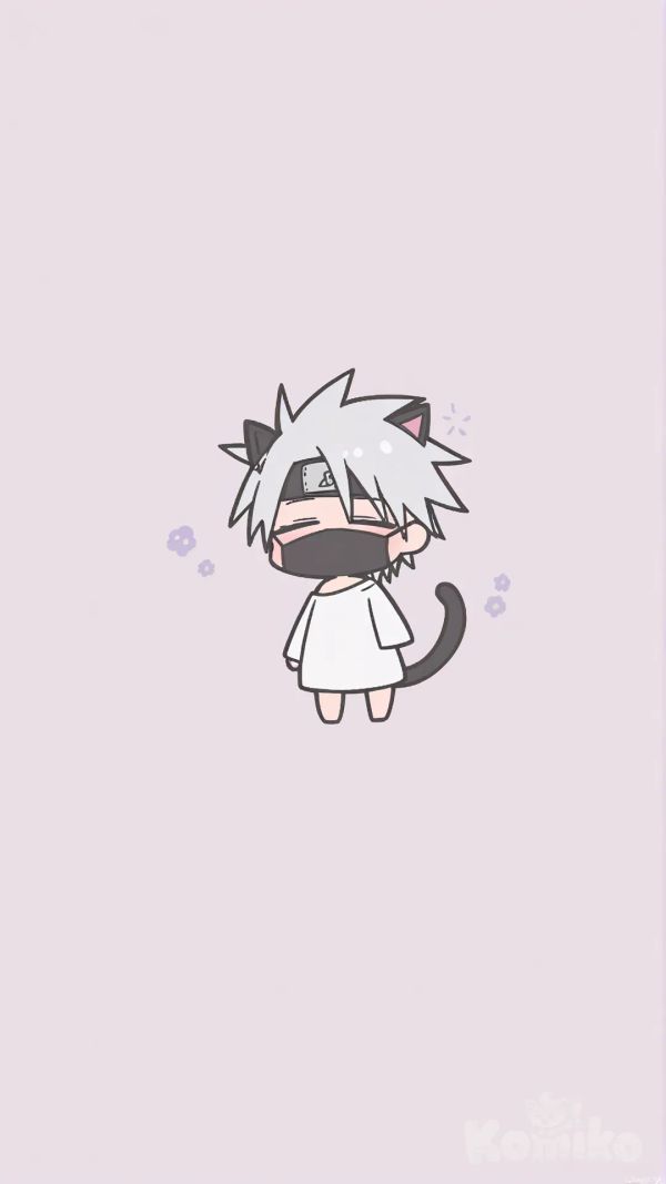[pastel-chibi-style]A cute chibi anime illustration of Kakashi Hatake from the Naruto series, drawn in a soft pastel kawaii style. Small chibi body with an oversized head, shy standing pose. Kakashi has spiky silver hair, one eye gently curved as if relaxed, the lower face covered with his iconic black ninja mask, and a Leaf Village forehead protector tilted slightly. Large round simplified anime eyes, tiny nose, subtle blush dots on the cheeks. Cat ears on the head and a long curved black cat tail for a cute fantasy twist. Butterfly-shaped hair accessory behind the head. Wearing an oversized plain white t-shirt instead of ninja armor. Clean smooth lineart, flat colors, minimal shading, cozy aesthetic. Solid soft purple background. High-quality digital illustration, adorable, simple, chibi anime art style.