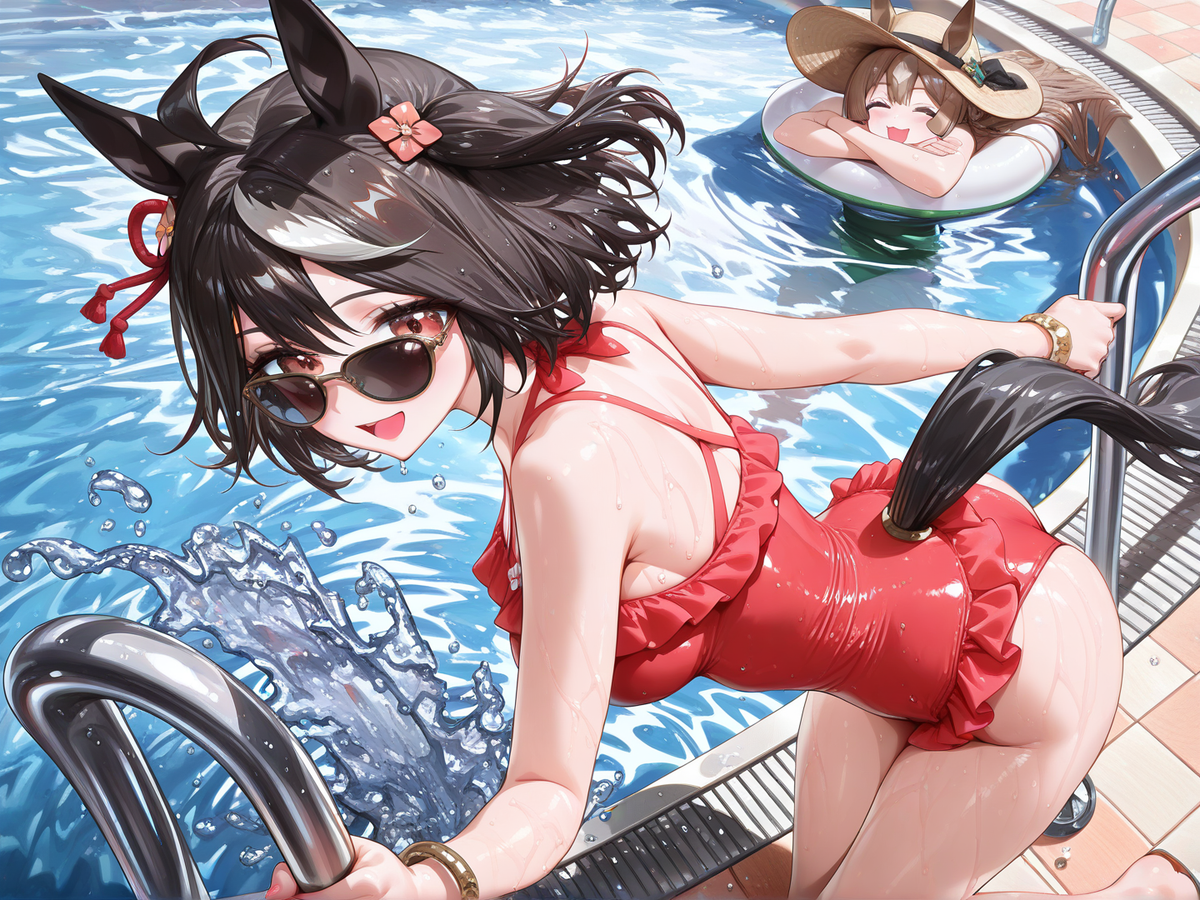 Kitasan Black & Satono Diamond swimming at the pool