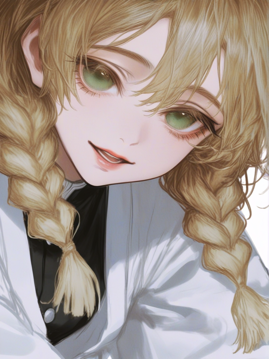 [semi-realistic-portrait-style] 1girl, child, blonde hair, short hair, wavy hair, braids, green eyes, demon slayer (style), single character, full body, looking at viewer, simple background, white background