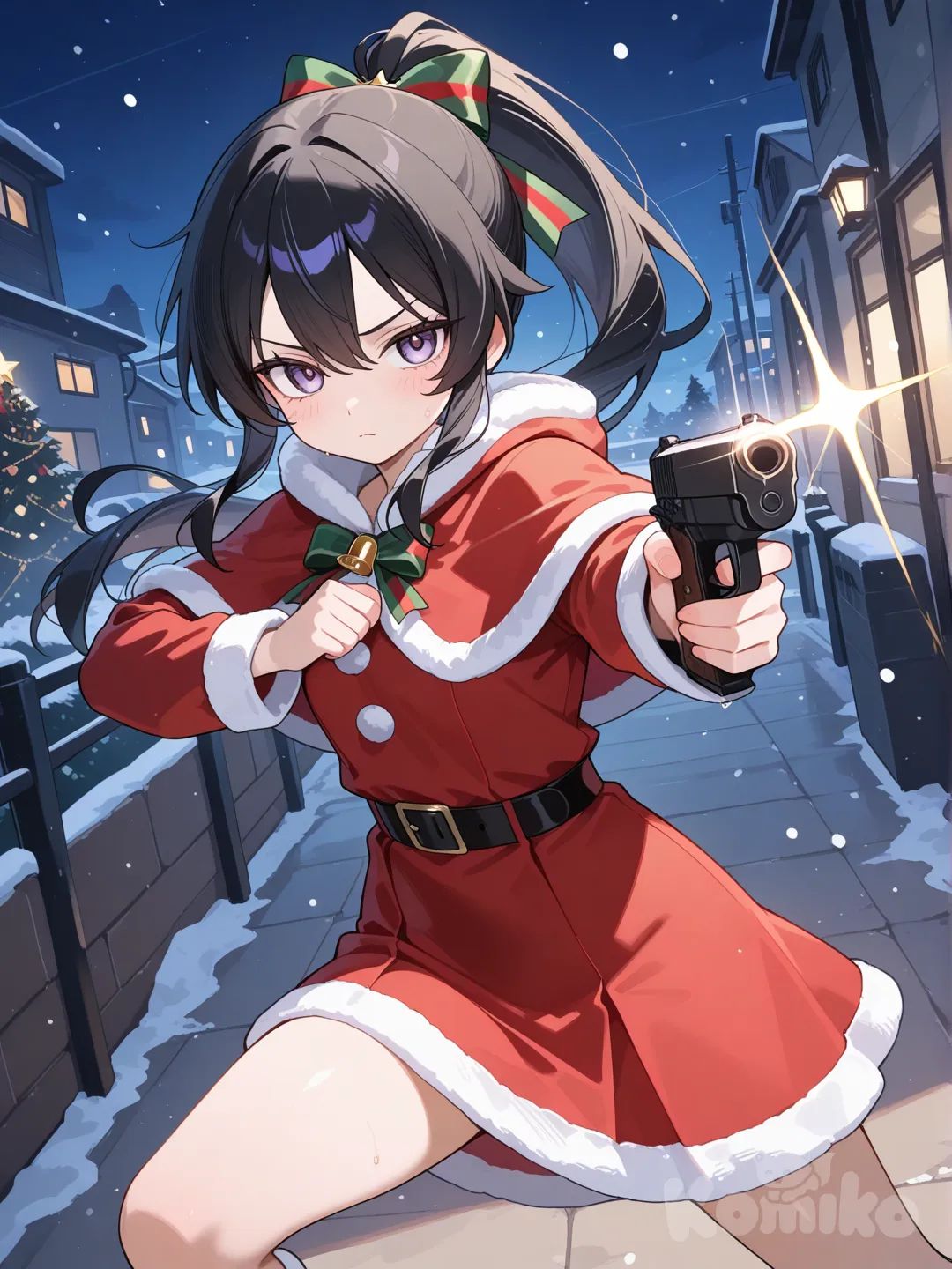 Chica joven, cabello negro coleta atras, pose de batalla, traje de navidad, con una pistola en la mano