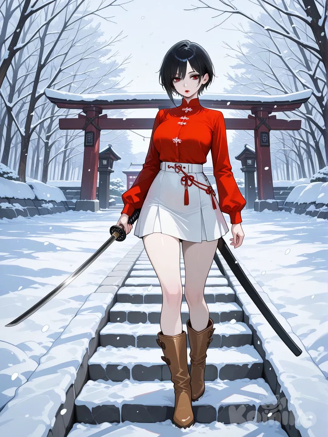Mujer pelo corto negro, ojos rojos, cara inexpresiva , labios rojos ,senos grandes, piel pálida, blusa manga larga rojo intenso, falda al cuerpo simple blanca corta entallada , zapatos café de nieve, en un puente de piedra , cuerpo completo. Trae una katana desenfundada. Está nevando.