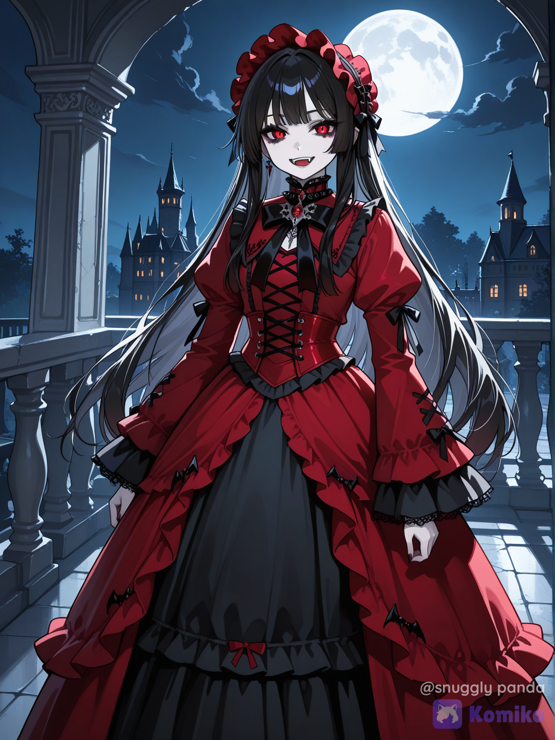 1girl, vampire, blood-red gown, moonlit castle balcony, gothic art