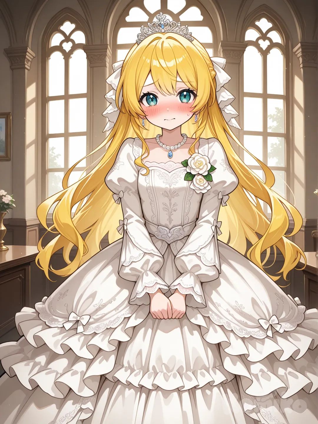 @Kagamine_Len穿越到異世界卻成為公主，覺得穿公主裙超級尷尬, lace, ruffles, crown, corsage, necklace, pearls, hair accessory