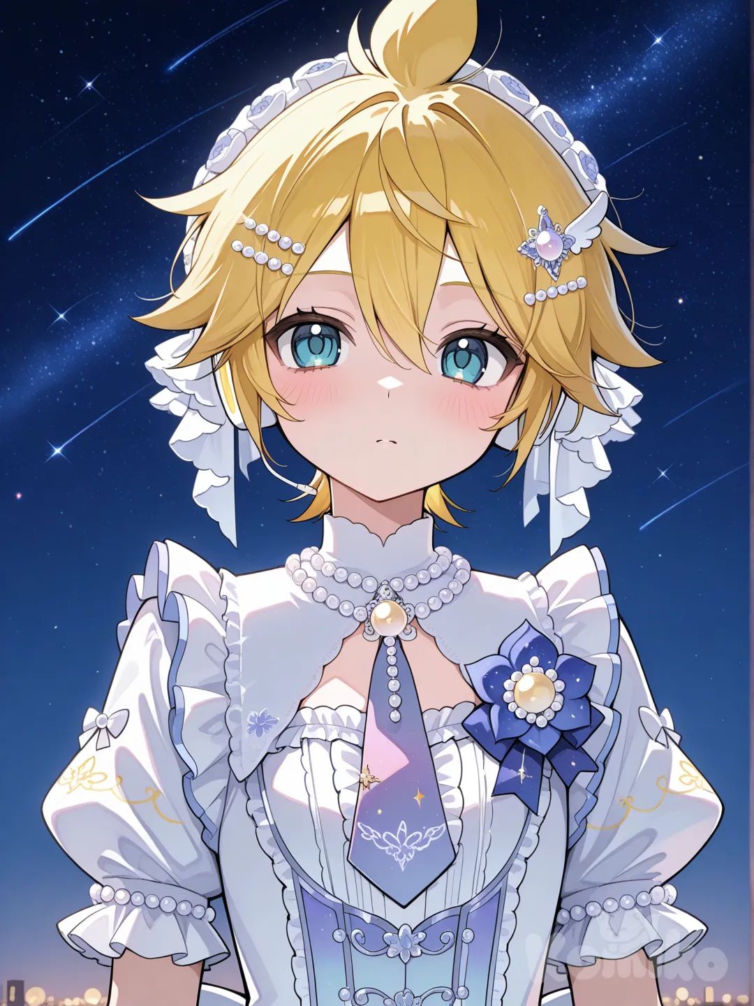 @Kagamine_Len魔法少女風格, ruffles, lace, hair accessory, corsage, tie, pearls, necklace, starry sky