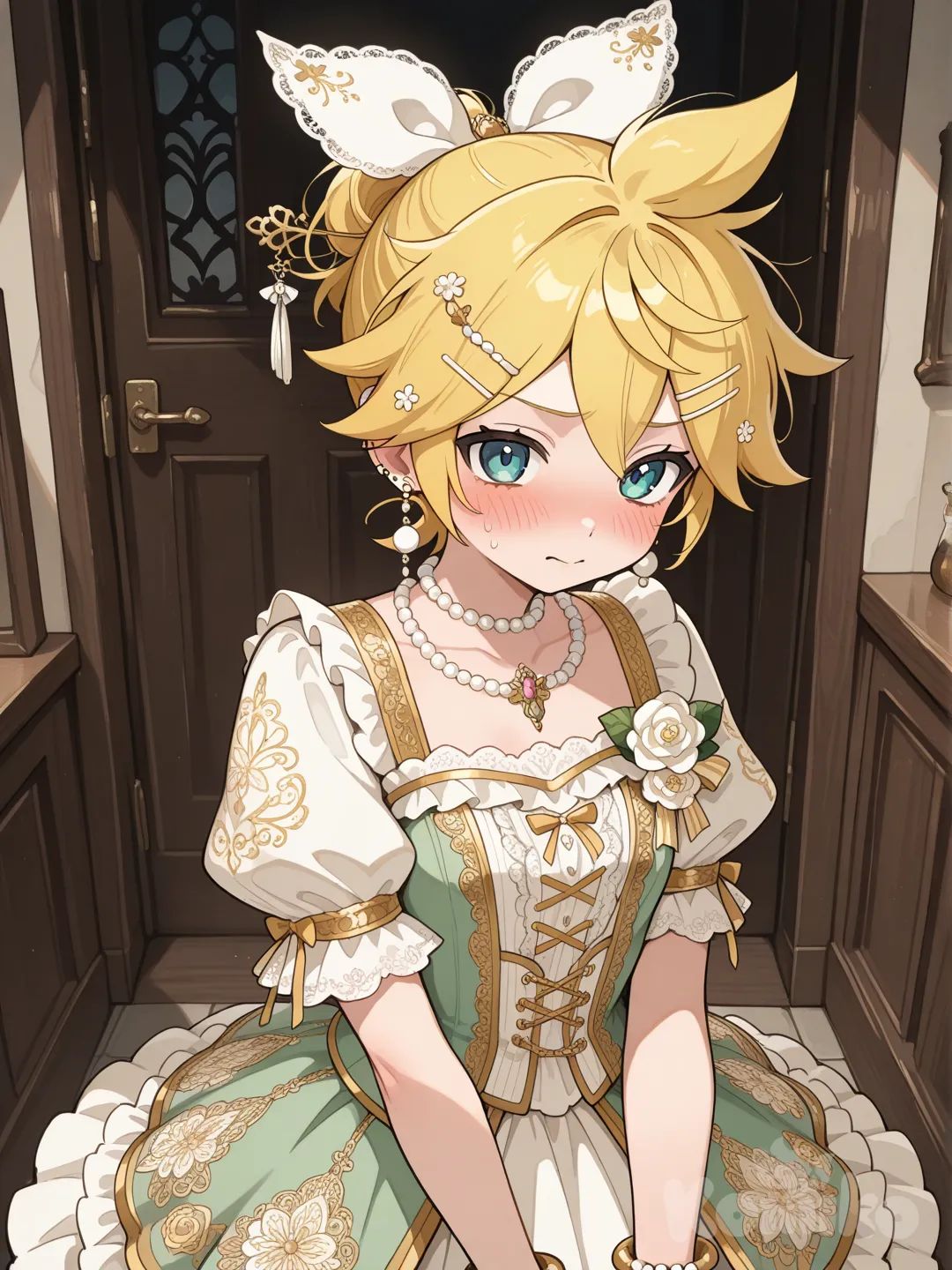 @Kagamine_Len穿越異世界卻成為吟遊少女，感覺直接社死, ruffles, lace, necklace, earrings, pearls, bracelet, hairpin, hair accessory, corsage