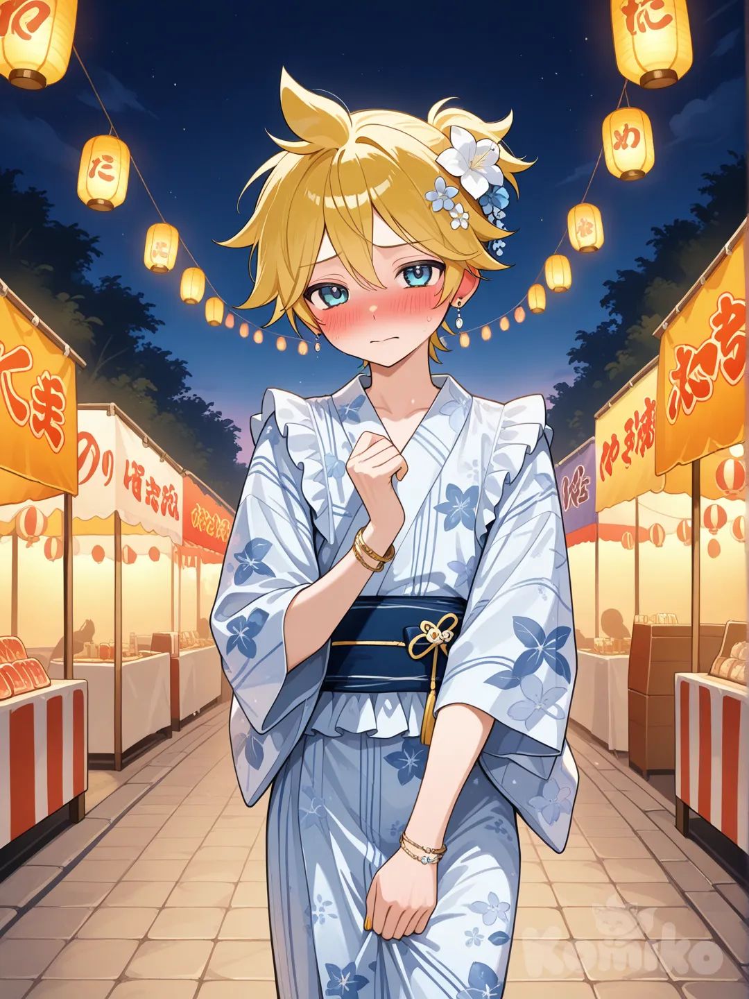 @Kagamine_Len穿夏日祭典的女孩子的浴衣，羞恥到不行, ruffles, hair accessory, earrings, bracelet