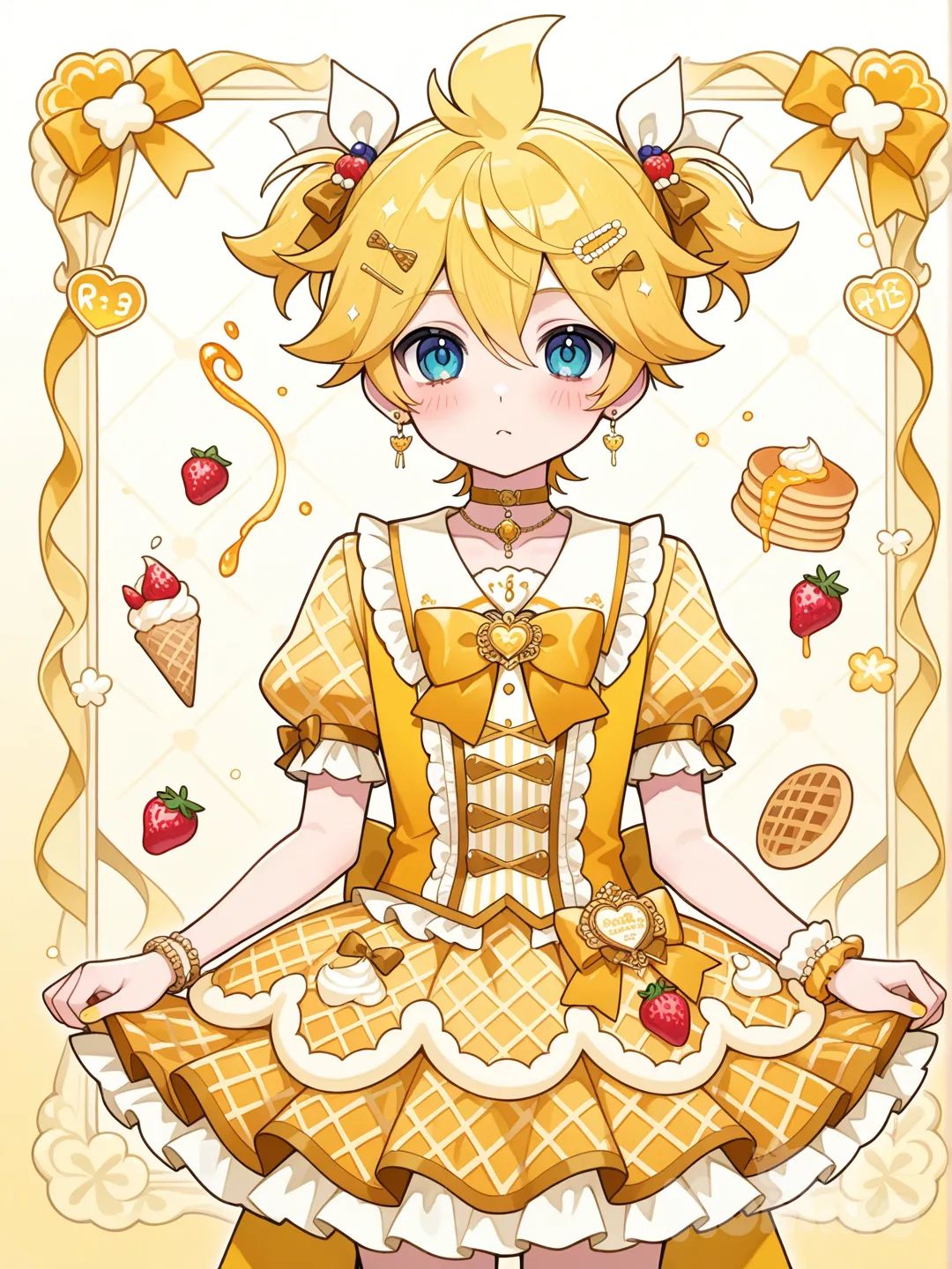 @Kagamine_Len變身成鬆餅風格的魔法少女，服裝的款式是如同鬆餅上的格紋圖樣，裝飾則是以水果和蜂蜜為主, ruffles, lace, earrings, necklace, bracelet, hair accessory