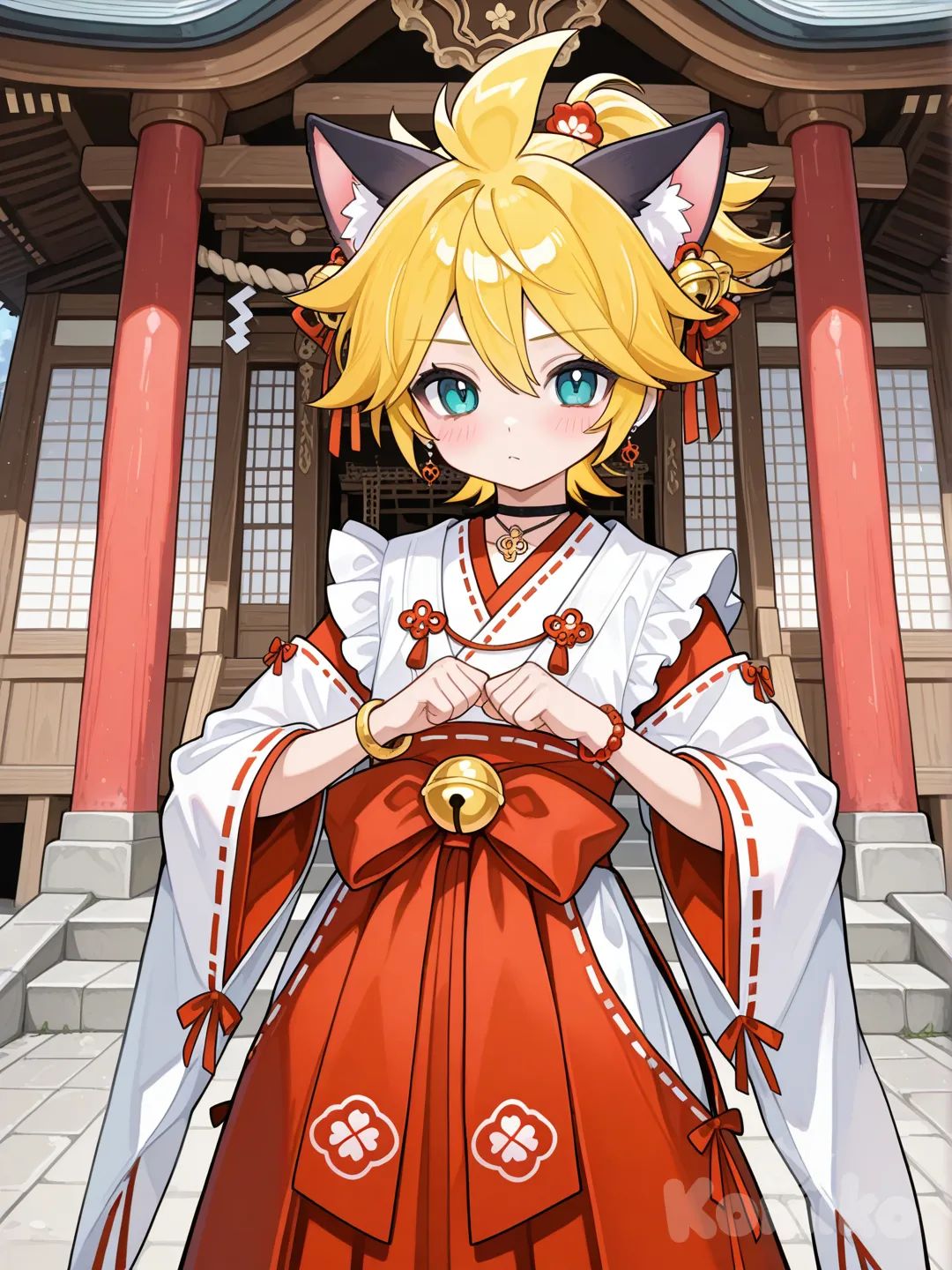 @Kagamine_Len變身成守護神社的魔法少女，服裝是和風巫女風格，配上貓鈴鐺, ruffles, lace, cat ears, hairpin, bow, earrings, necklace, bracelet