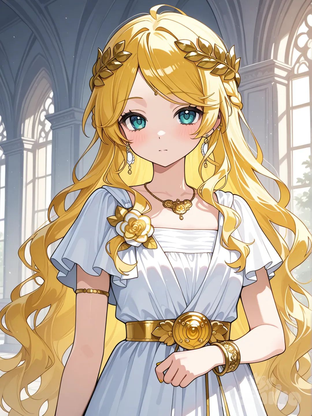 @Kagamine_Len變身成希臘風格的魔法少女，服裝款式是希臘神話中的女神風格，裝飾以希臘的桂冠為主,頭髮是微捲的長髮 ruffles, hair accessory, corsage, earrings, necklace, bracelet