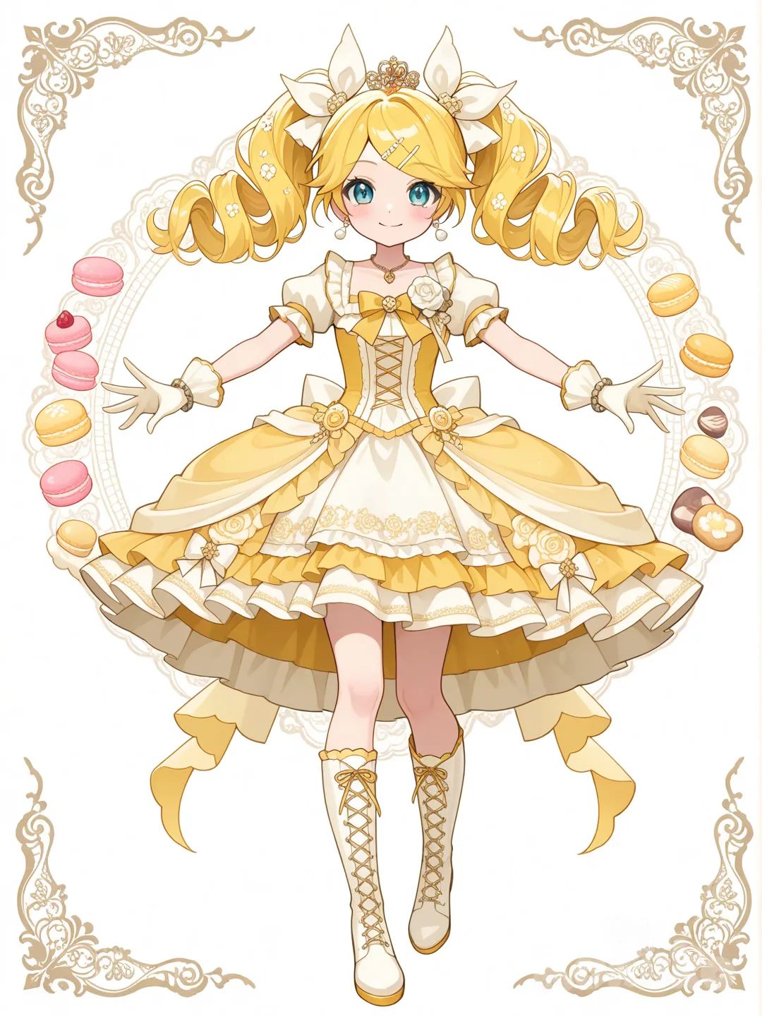 @Kagamine_Len變身成巴黎風格的魔法少女，服裝款式是洛可可風格，裝飾以巴黎的花卉和甜點為主,頭髮是捲雙馬尾 ruffles, lace, hair accessory, corsage, earrings, necklace, bow, bracelet, jewelry