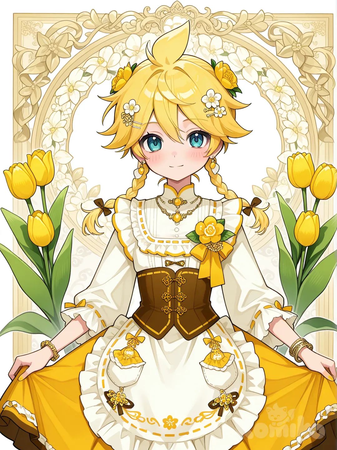 @Kagamine_Len變身成荷蘭風格的魔法少女，服裝款式是荷蘭的女性傳統服裝風格，裝飾以鬱金香為主,頭髮是綁成雙麻花辮，hair accessory, corsage, earrings, neckbracelet, jewelry, ruffles